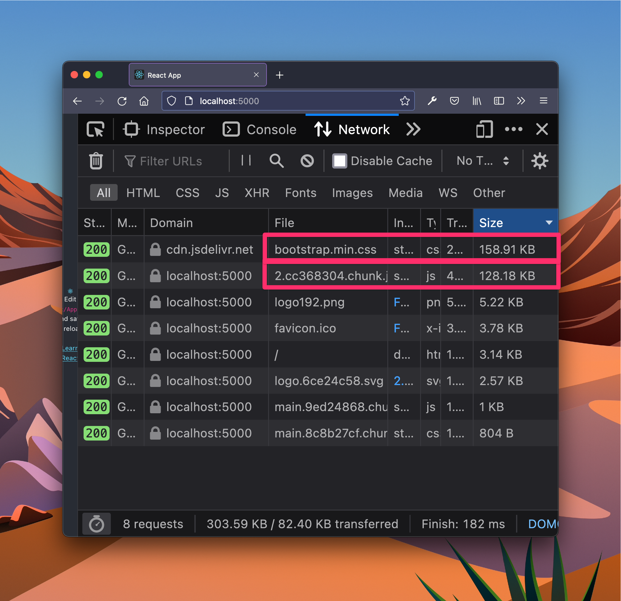 Browser network tab showing downloaded file sizes for a React app